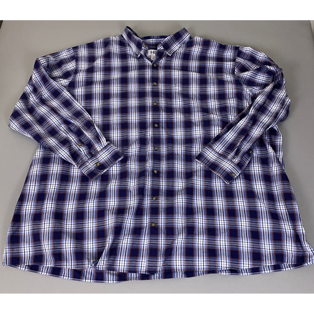 HB Harbor Bay Button Down Shirt Mens Size 4XLT Big & Tall Blue Plaid Long Sleeve